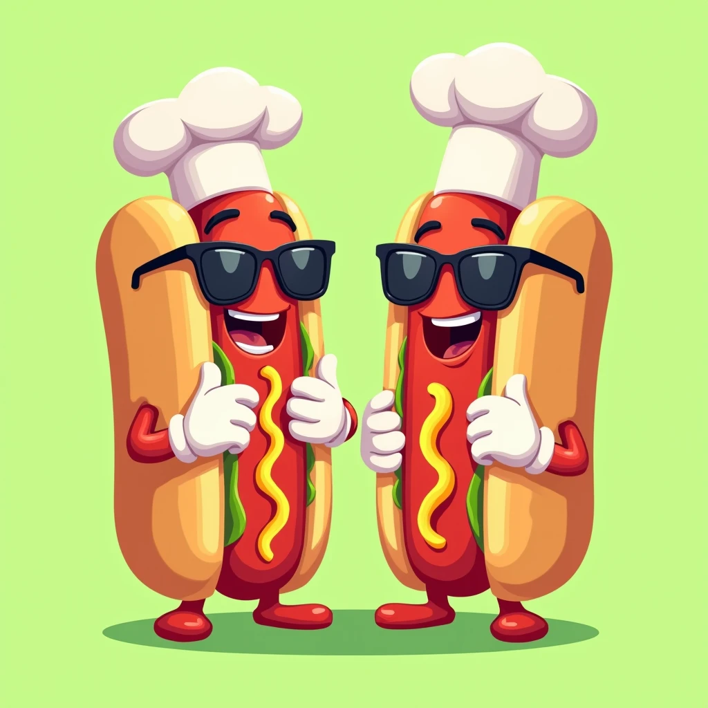 (best quality,4k,8k,highres,masterpiece:1.2),ultra-detailed,(realistic,photorealistic,photo-realistic:1.37),2 hotdogs characters,vector flat illustration,cartoon style,sunglasses,chef white hat,white gloves hands,sticker,green background,different character sizes,dynamic,vibrant colors,clean design,minimalist,playful,whimsical,fun,energetic,humorous,appealing,attractive,iconic,brand mascot,brand identity,brand : flat sticker vector 2d : brand name "Los Perros Contentosos"