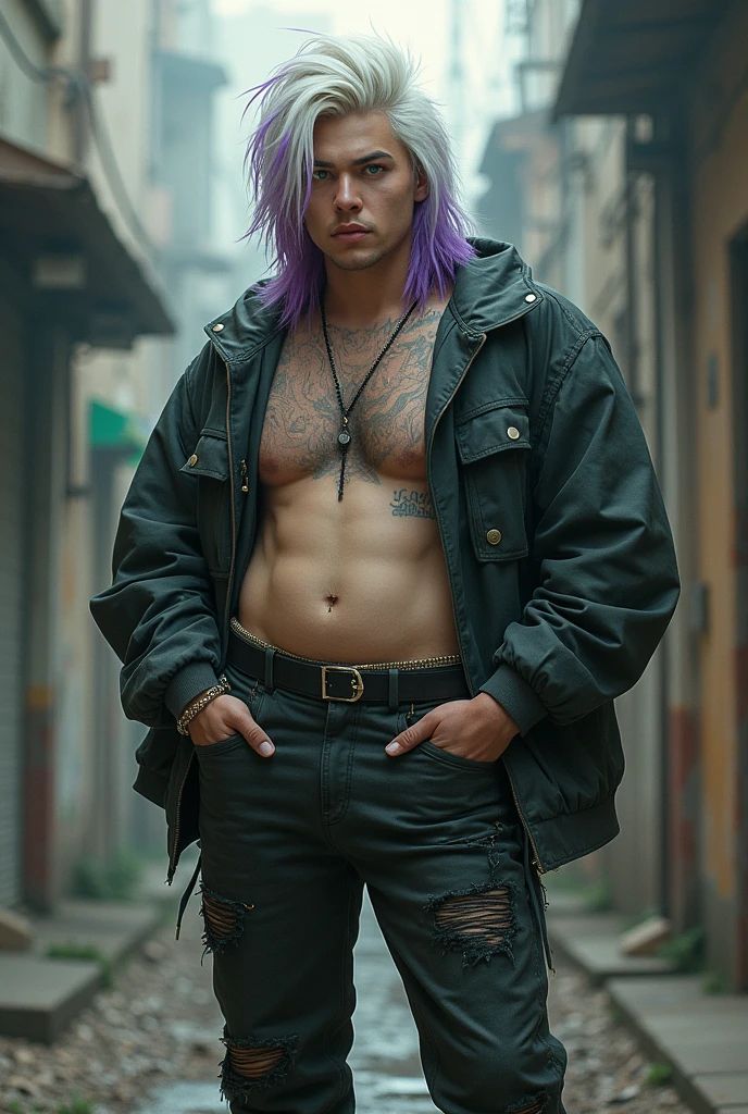 male; long hair, mullet style, white with purple tips; light green eyes; decent, average height, around 5'7"; chubby figure, curvy body; 90's grunge fashion