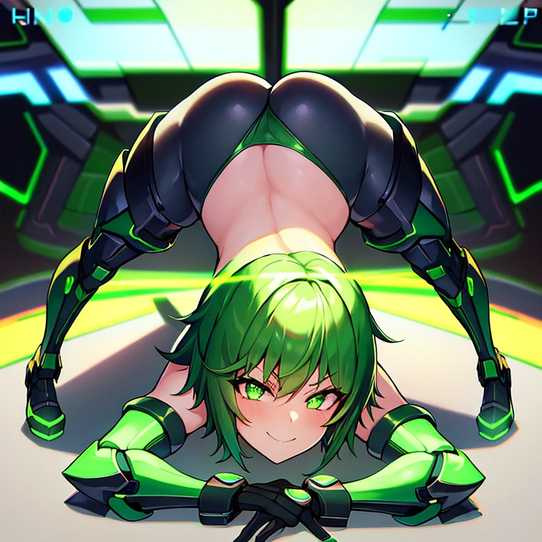 1girl, breasts, thick thighs, green hair, bikini, black bikini, smirk, smile, futuristic, science-fiction, tech, neon trim, machinery, short hair, head-mounted device, mind control, hypnosis, jackopose, bottom-up, top-down, full_bofy, ((full body)), high heels, long legs,