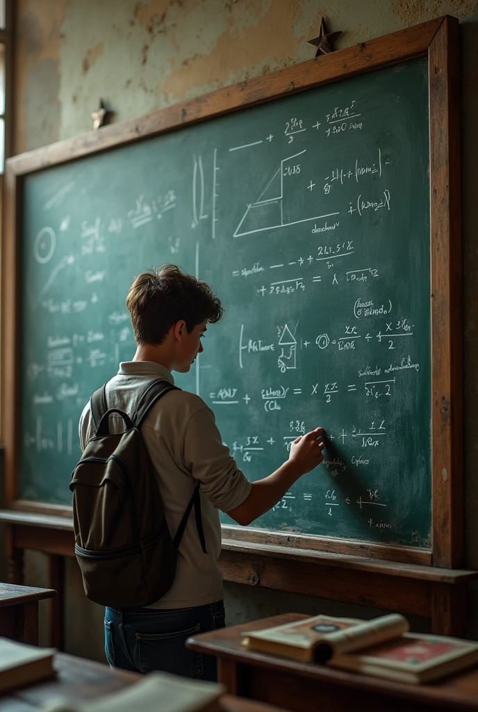 a teenager solving a math exercise on a blackboard