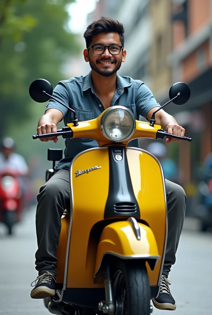 One Asiatic malay man, 27 year ,glasses,casual shirt, cargo pants, sneakers, very little small beard mustache rides black and yellow vespa kalsik's motorcycle in the beautiful city of kuala lumpur outdoors, the image is very detailed, super HD