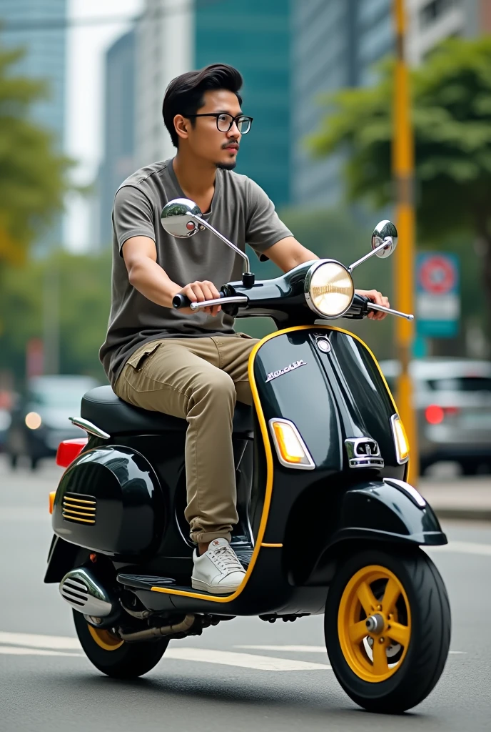 One Asiatic malay man, 27 year ,glasses,casual shirt, cargo pants, sneakers, very little small beard mustache rides black and yellow vespa kalsik's motorcycle in the beautiful city of kuala lumpur outdoors, the image is very detailed, super HD