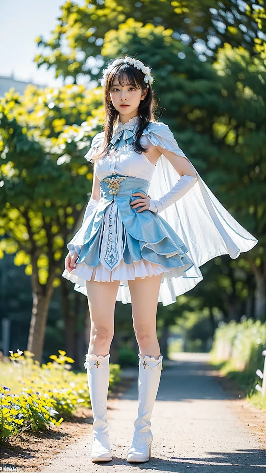 (8k、RAW Photos、Highest quality、masterpiece:1.2)、(Realistic、Realistic)、1 person、((White and light blue、garden、Frills、Cape、mini skirt、Thin legs、whole body、boots、View from the front、Looking into the camera、Stand with hands on hips))、cute
