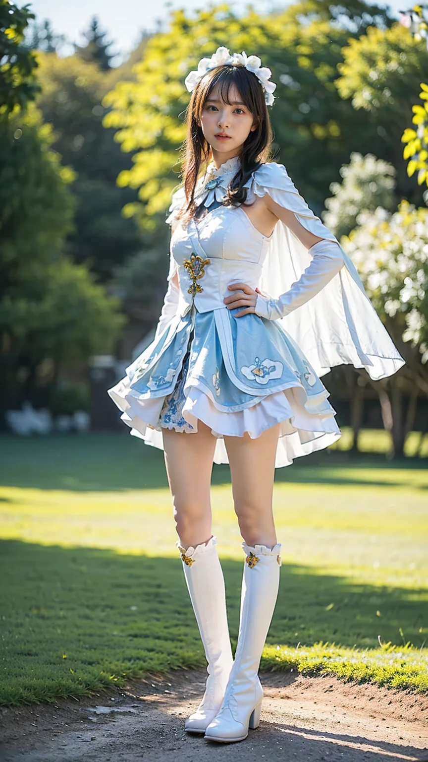 (8k、RAW Photos、Highest quality、masterpiece:1.2)、(Realistic、Realistic)、1 person、((White and light blue、garden、Frills、Cape、mini skirt、Thin legs、whole body、boots、View from the front、Looking into the camera、Stand with hands on hips))、cute