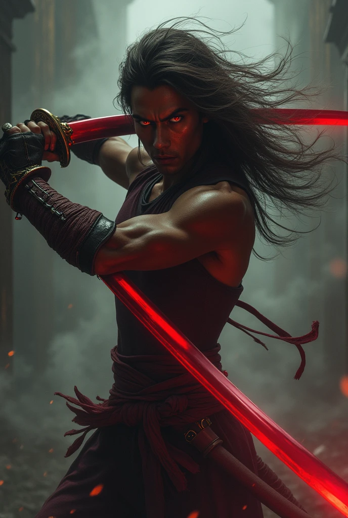 A dark-skinned adult with a red katana, brown hair and deep red eyes 

