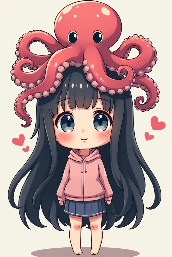cute girl, anime style, On his head he wears an octopus with long octopus tentacles hanging down, chibi style, long hair, black hair