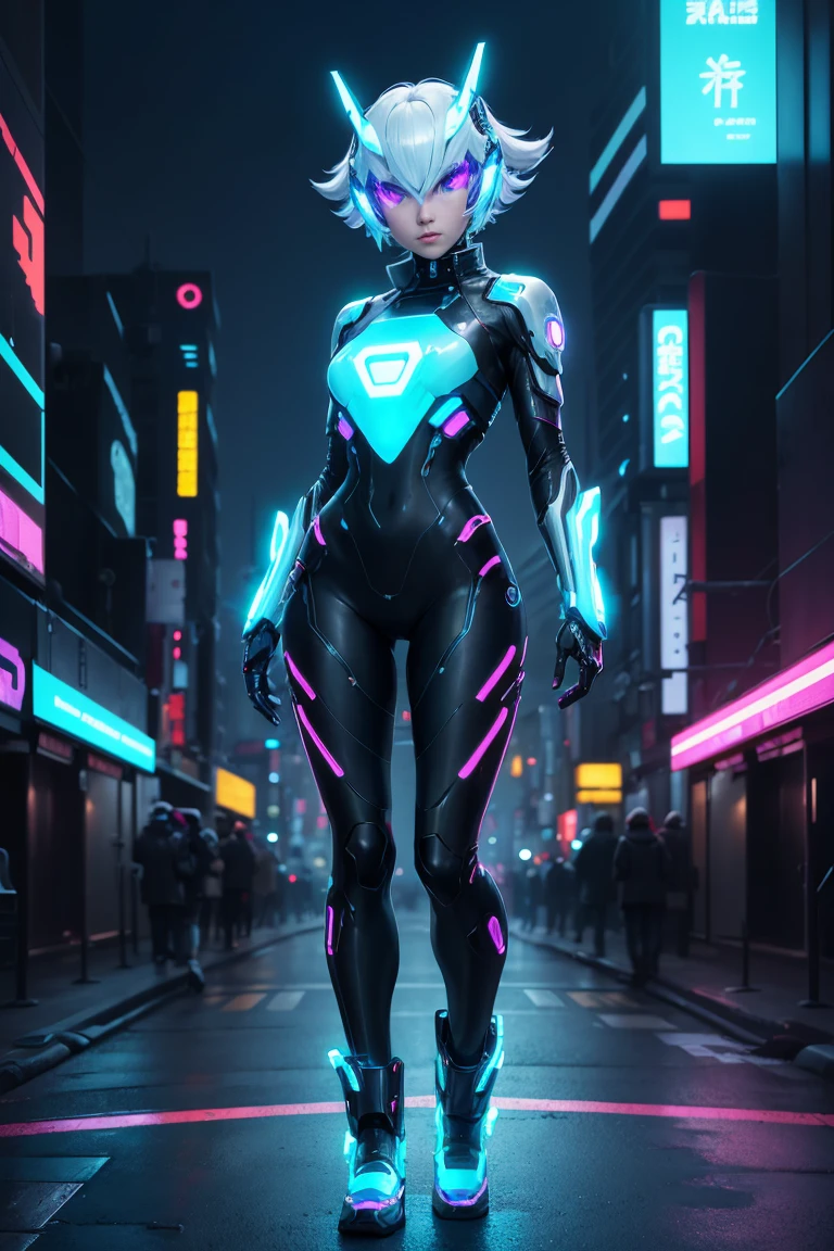 (Female protogen), cyberpunk, mechanic, bright Eyes, metallic surface, digital screen, Advanced technology, futurist, neon lights in eyes, Simplified design, Digital Organization, biomechanic, glass visor, enhanced senses, figth pose, invisible circuits, colored threads, Female Cyborg, (((full body))), background in tokyo city in japan