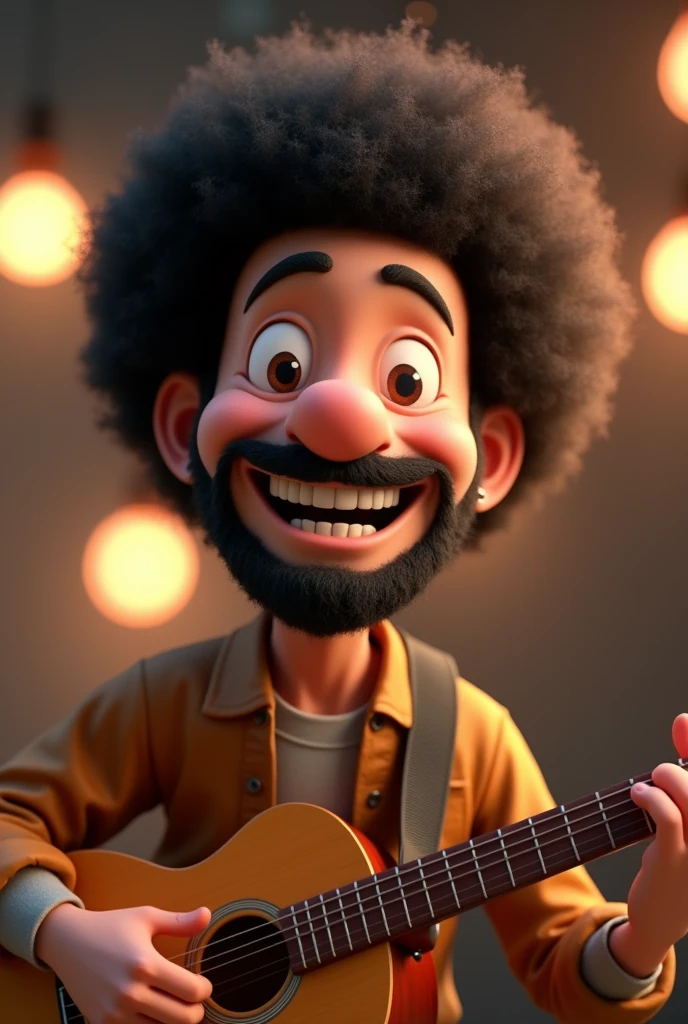 Happy beardless 50 year old Japanese man cartoon character with afro hair and guitar, Anime characters, Stylized characters, Animation-style rendering, 3D stylized, Arnold Maya Rendering, 3D rendering style, toon render keyshot, 3D Characters, 3D Characters, 3D rendering style, 3D Charactersレンダリング, Cartoon characters, Close-up Character, Character pose, (Pixar Style) (Master Parts:1.2) (Bokeh) (Highest quality) (Fine skin) (Fine texture) (8k) (clay) (Cinema Lighting) (Sharp focus)