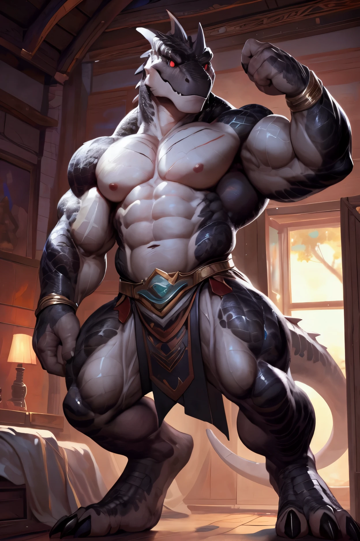 solo, anthro, furry male, ultra details, T-Rex, ((ultra detailed muscles)), (T-Rex print), black scales, white belly, black spiny scales, bedroom, standing up, muscle pose, front double biceps pose, bodyguard outfit, black claws, red eyes, slit eyes, slim fit, muscular slim, menacing, handsome, flirt, ultra detailed slit eyes, pecs, hind leg, tail, looking at viewer, (Masterpiece, by null-ghost, ultra hi-res, 8k), naked torso , black loincloth, front pov.