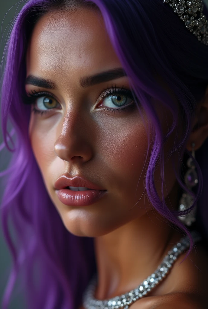 masterpiece, detailed face, detailed eyes, detailed lips, detailed skin pores, sweaty skin droplets, cinematic lighting, high quality, 8k, hyper detailed, dramatic composition, cinematic angles, vivid colors, chiaroscuro lighting, best quality, highly detailed, 8K RAW photo, bokeh, danmachiishtar, makeup, tiara, revealing clothes, skirt, jewelry, earrings, necklace, bracelet, cleavage, dark skin, contrapposto, purple hair, purple eyes, cowboy shot, simple backgroundPurple hair, very detailed, 40 years old, predatory grin, purple eyes, high-res, masterpiece, best quality, intricate details, highly detailed, sharp focus, detailed skin, realistic skin texture, texture, see all body, detailed eyes, professional, shot on Canon, 85mm, shallow depth of field, Kodak vision colour, perfect fit body, extremely detailed, photo_\(ultra\), photorealistic, realistic, post-processing, max detail, roughness, real life, ultra-realistic, photorealism, photography, 8k UHD, photography (film grain), atmospheric dark lighting, wide shot masterpiece, best quality, highly detailed, 8K RAW photo, bokeh, danmachiishtar, makeup, tiara, revealing clothes, skirt, jewelry, earrings, necklace, bracelet, cleavage, tan skin, contrapposto, cowboy shot