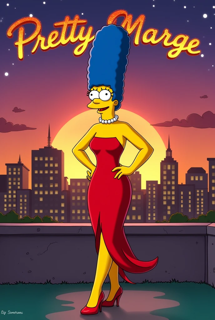 Design a vibrant and glamorous movie poster featuring Marge Simpson as the star of a parody of Pretty Woman. In the center, Marge, with her iconic tall blue hair, is dressed in a stunning, form-fitting red dress, paired with elegant high heels and a pearl necklace. She stands confidently, with one hand on her hip and a playful smile on her face. Behind her, the city skyline of Springfield glows in the twilight, with the lights of the city adding a romantic ambiance. The title Pretty Marge is displayed in bold, elegant script at the top, with a sparkling effect around the letters. The poster is filled with warm, golden hues, capturing the feel-good, romantic essence of the classic movie, while giving it a fun and light-hearted Simpsons twist.