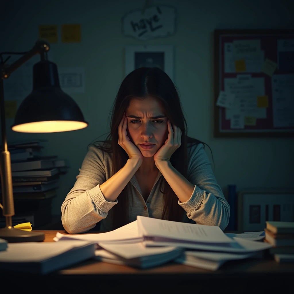 woman, with an expressive face, stressed person surrounded by papers, bills, in front of a light apparently on a messy office desk, poorly lit environment, only light from a table lamp