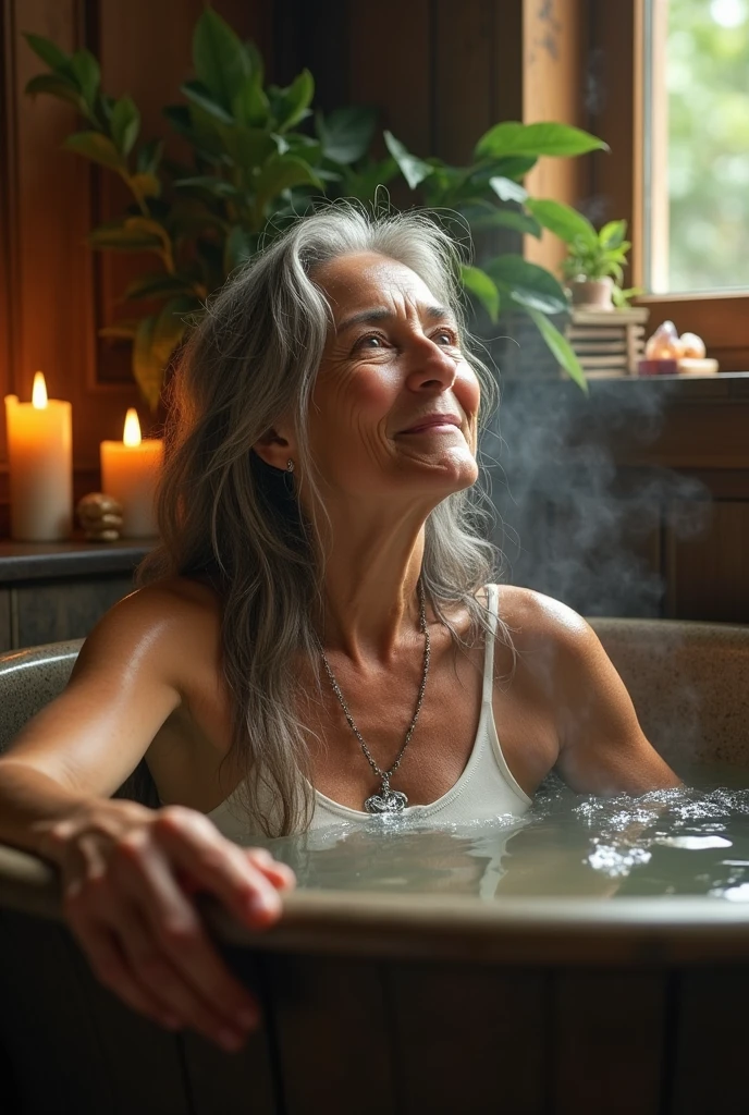 67 year old bohemian hippie woman bathes in her tub