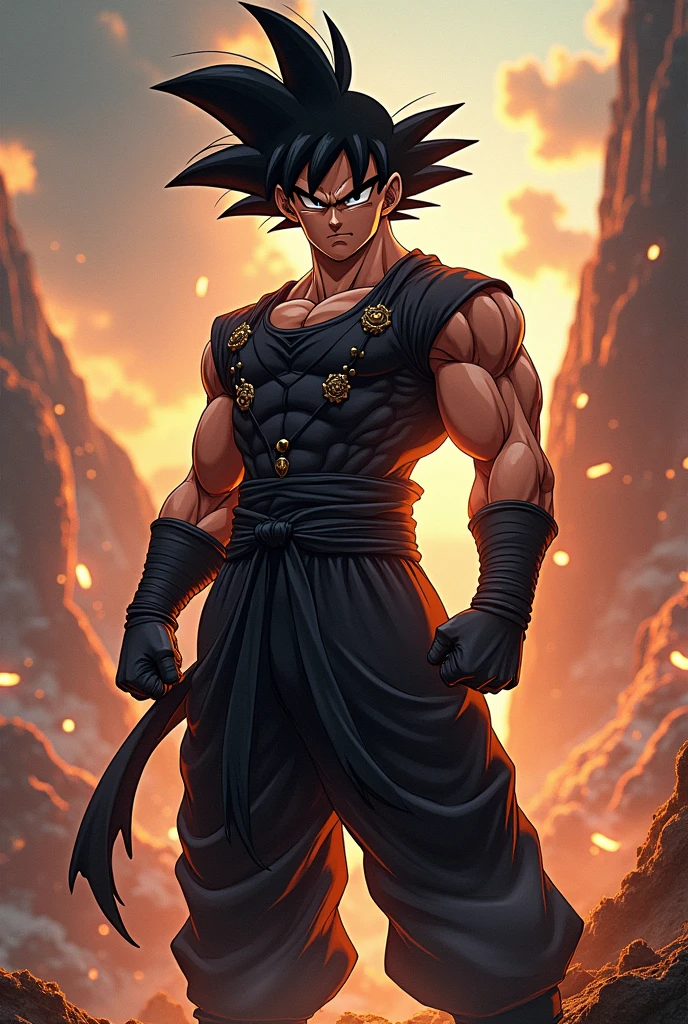 high quality 8k, ((ultra-realistic, highly detailed, photorealistic:1.4)), ((epic, cinematic, dramatic:1.3)), muscular male anime character, Goku in a black Metal Gear outfit, striking heroic pose, complex background with blasting island, intricate details, ultra-detailed CG, best quality masterpiece, finest illustration, perfect shadows, explosive lighting, vibrant color palette, ((fusion of Goku and Metal Gear)), inspired by Akira Toriyama, Yoji Shinkawa, Dave Rapoza
