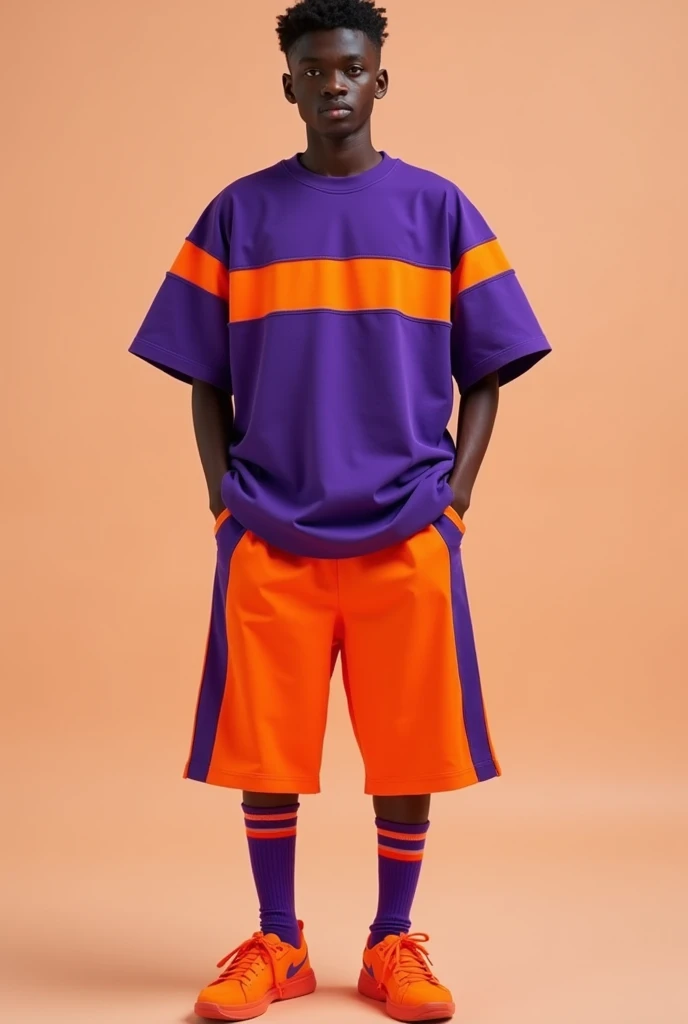 T-shirt: Purple base color with orange details, as a horizontal stripe on the chest and sleeves. Crew neck in orange.
Shorts: Orange with purple side stripes.
socks: Purple with a small orange stripe on top.
Accessories: Bright orange footwear.