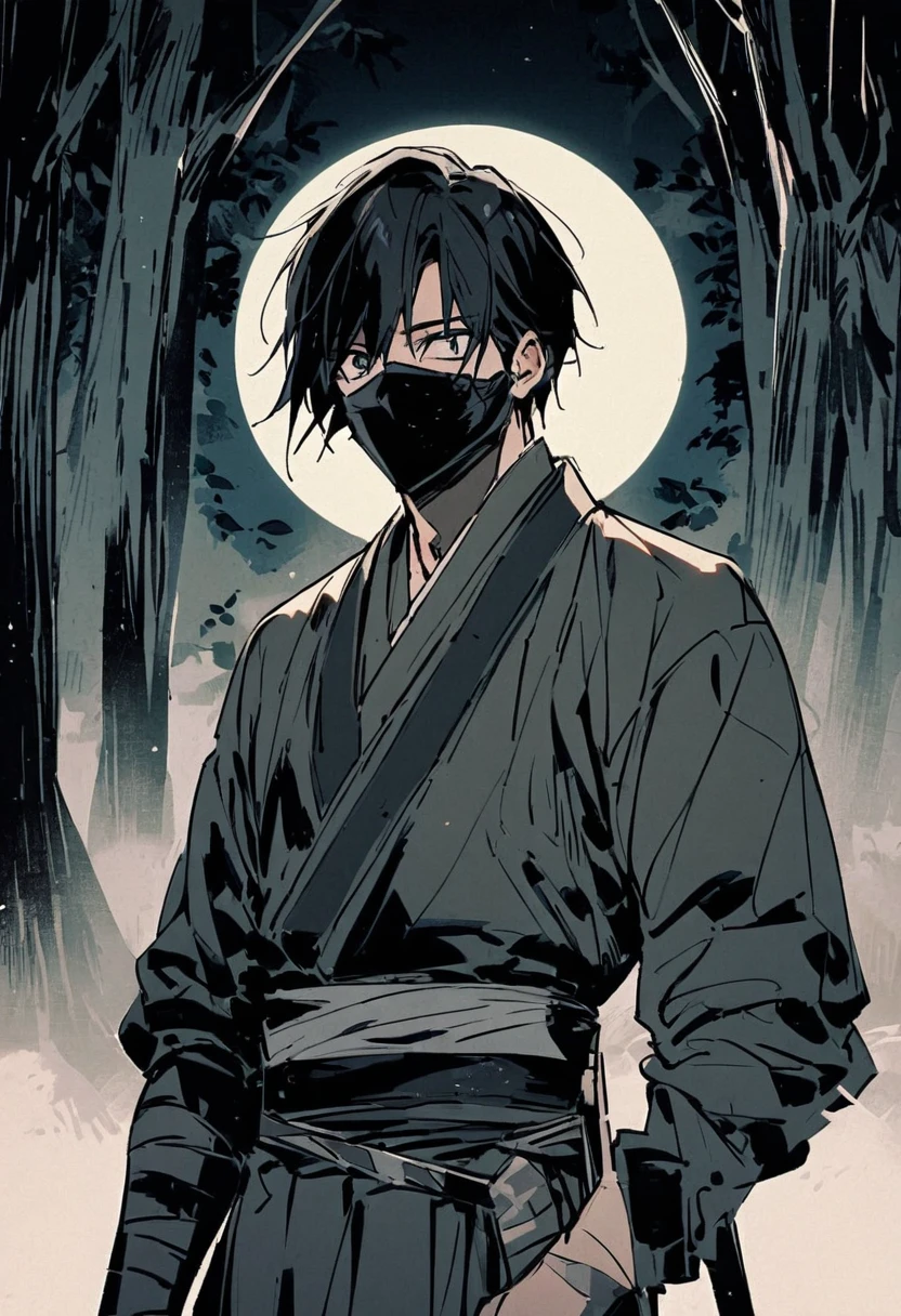 A guy who look a samouraï with black mask, a bare on his left hand, and look in front of him, on a forest with the moon behind him