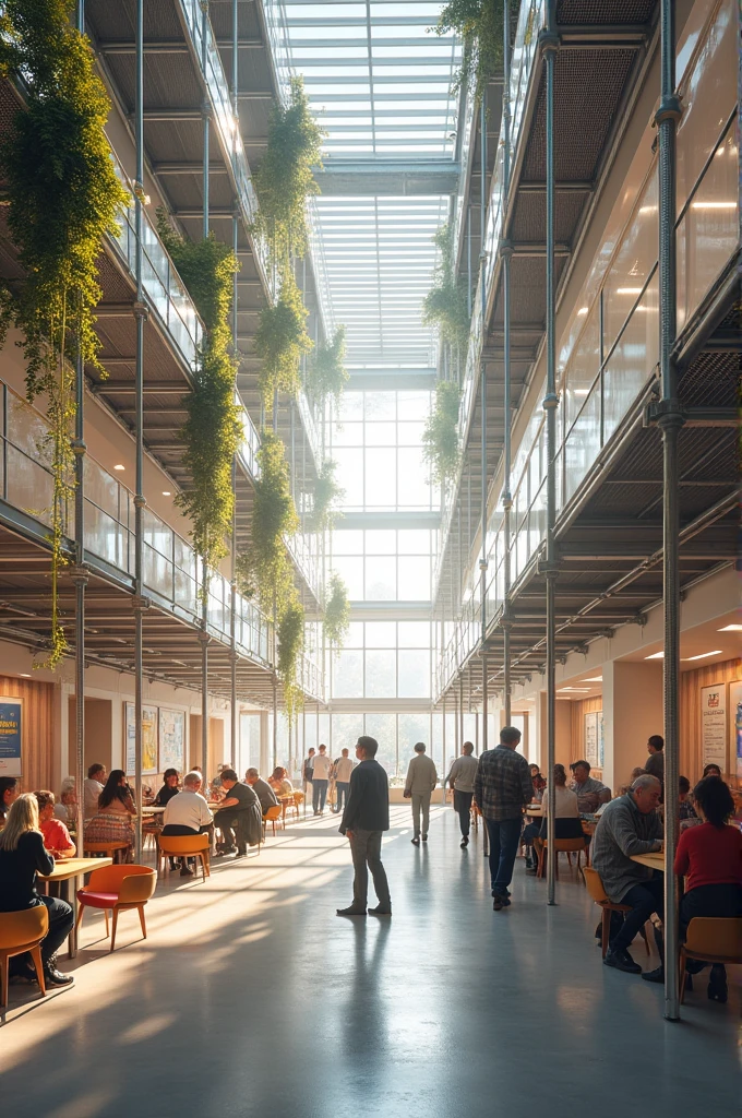 Interior of an educational architectural space for older adults made only with aluminum scaffolding