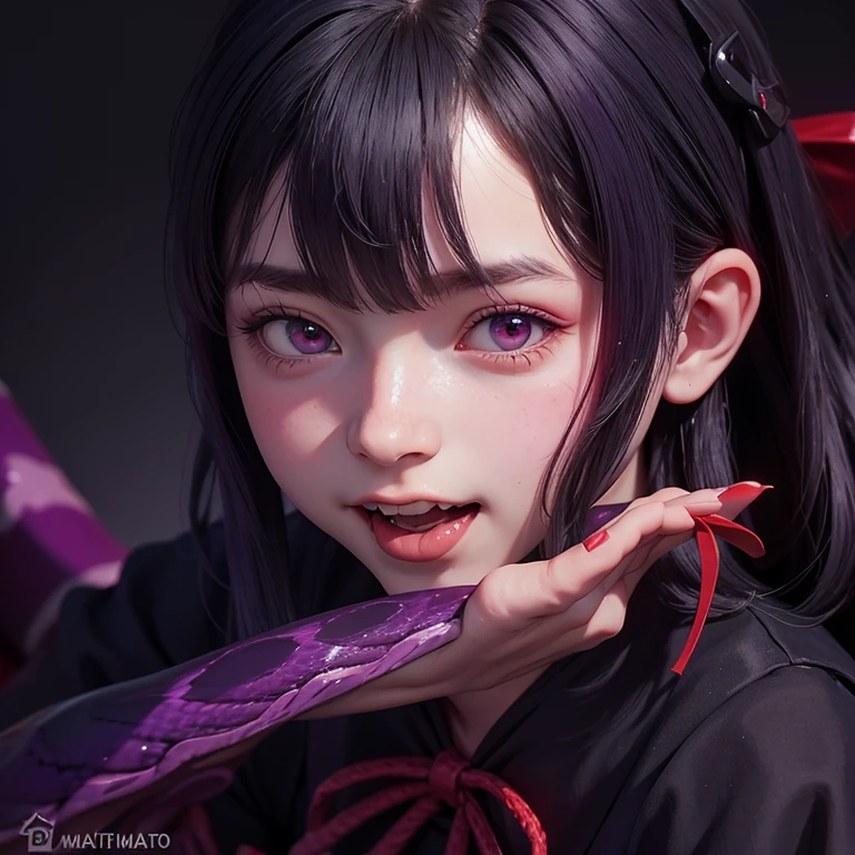 1girl,artist_name,fingernails,highres,horns_pose,leaning_forward,looking_at_viewer,mato_seihei_no_slave,purple_hair,purple_nails,red_eyes,red_ribbon,ribbon,saikiseiya,sharp_fingernails,shikoku_(mato_seihei_no_slave),slit_pupils,snake,solo,tongue,tongue_out,tongue_tattoo,tsurime,watermark, best quality, masterpiece, nai3