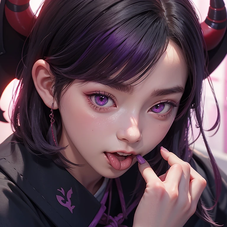 1girl,artist_name,fingernails,highres,horns_pose,leaning_forward,looking_at_viewer,mato_seihei_no_slave,purple_hair,purple_nails,red_eyes,red_ribbon,ribbon,saikiseiya,sharp_fingernails,shikoku_(mato_seihei_no_slave),slit_pupils,snake,solo,tongue,tongue_out,tongue_tattoo,tsurime,watermark, best quality, masterpiece, nai3