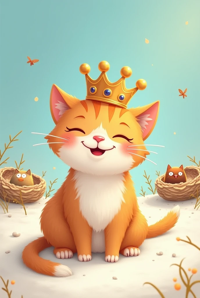 make a cat smiling with king's crown with lots of empathy for adults and nests, sitting on white sand, with a look of joy.