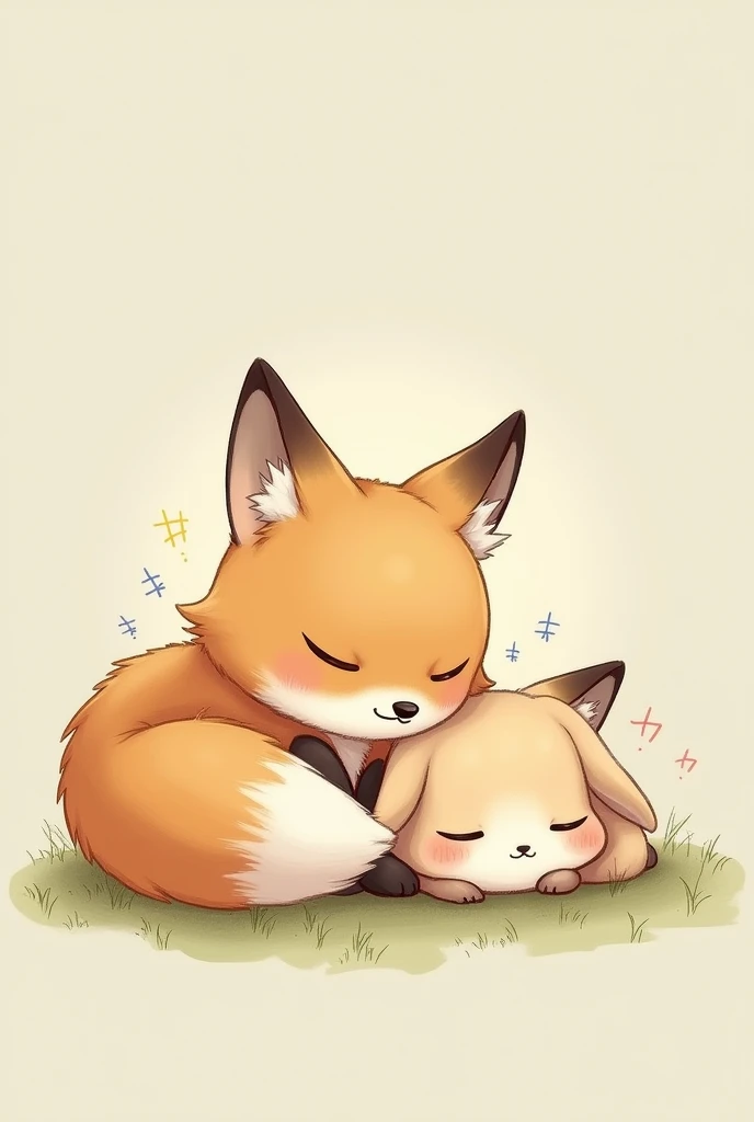 Drawing of a rabbit with drooping ears and a fox bigger than the rabbit. sleeping together. En chibi  