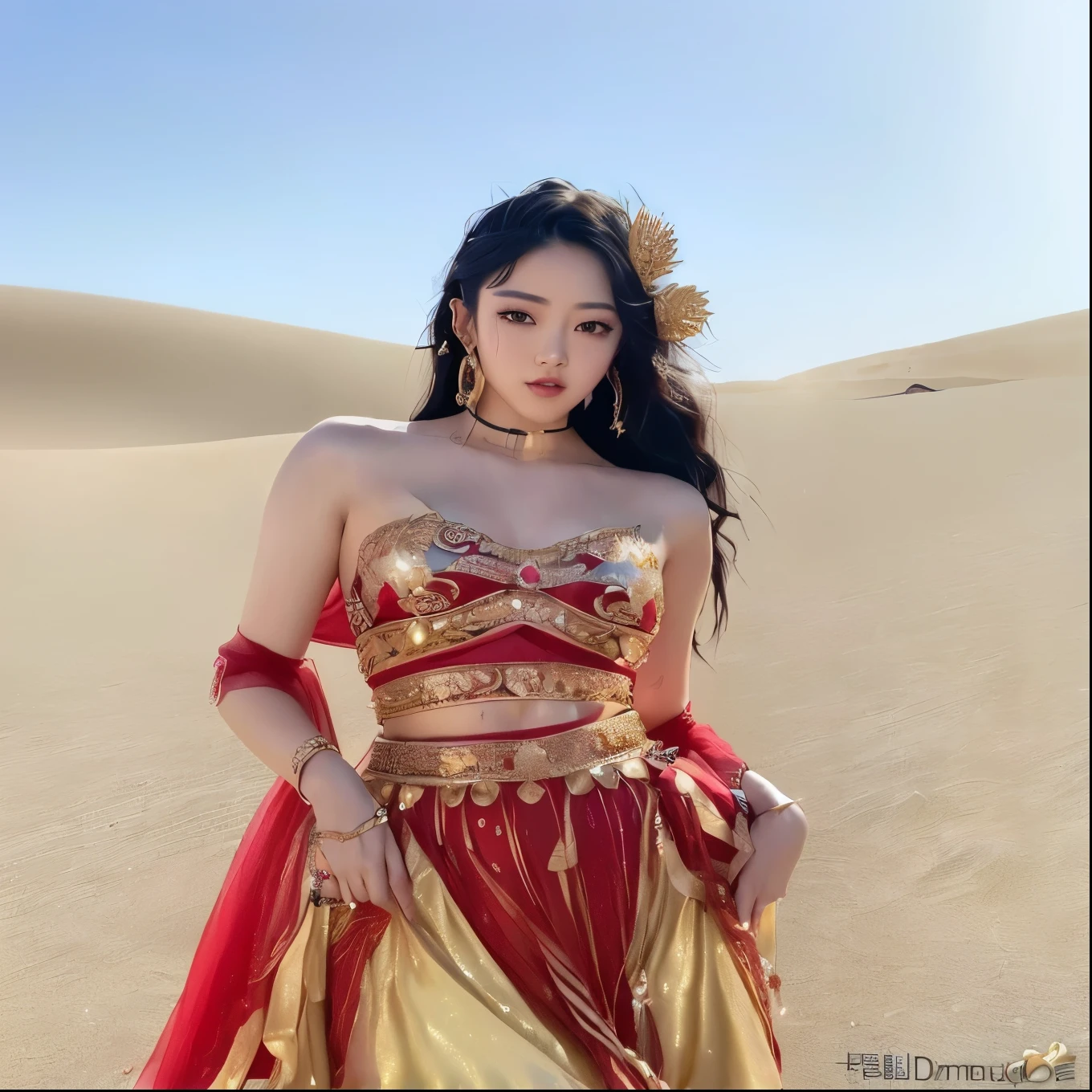 a woman in a red and gold dress standing in the desert, dilraba dilmurat, a beautiful fantasy empress, sha xi, beautiful oriental woman, beautiful south korean woman, ((a beautiful fantasy empress)), gorgeous lady, aesthetic!!!!!! female genie, gorgeous woman, she is dressed as a belly dancer, full body xianxia, pale-skinned persian girl, jennie, kim jennie, idol, blackpink