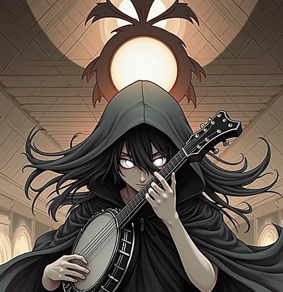Young man playing the banjo, white eyes, DARK hair, black cape, hood, mysterious 