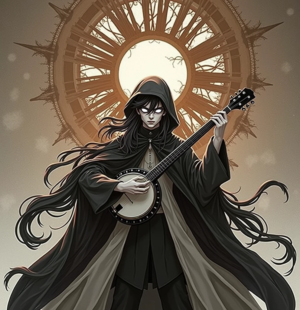 Young man playing the banjo, white eyes, DARK hair, black cape, hood, mysterious