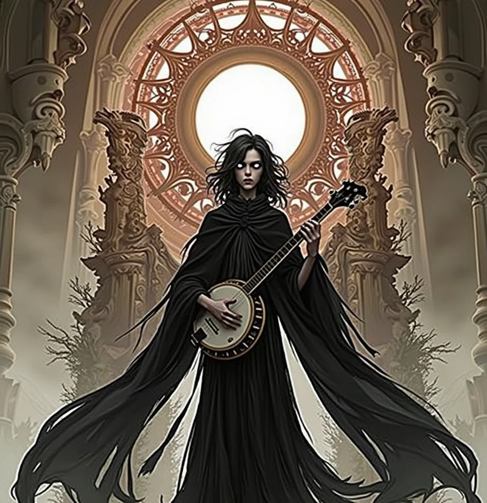 Young man playing the banjo, white eyes, DARK hair, black cape, hood, mysterious