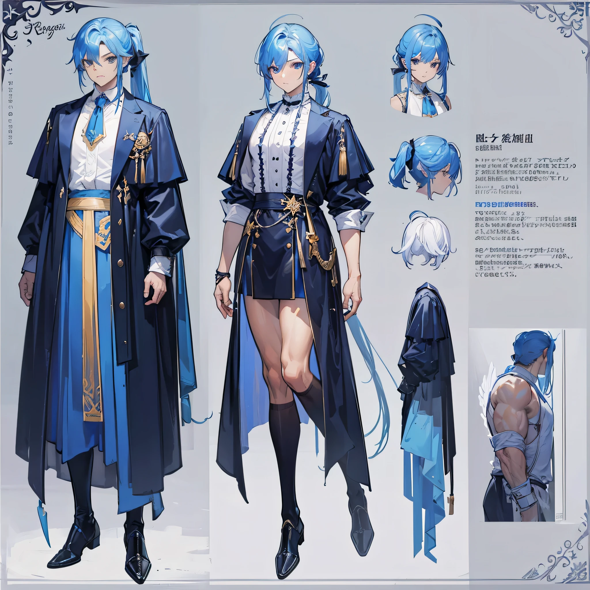 (Masterpiece, best quality), detailed, 1 man, ((character concept art)), ((character design sheet, same character, front, side, back)), full body, body complete, 1 Male angel, 1 Man angel, Detailed face, character design sheet,full bodyesbian, Highly detailed, character sheet, character design, Many parts, dark skin, angel wings, long ponytail blue hair, angel outfit, muscle male god, male clothes, masculine, muscle man, male muscle, manly, male angel, Muscle male with long ponytail blue hair,beautiful man, beautiful muscle man