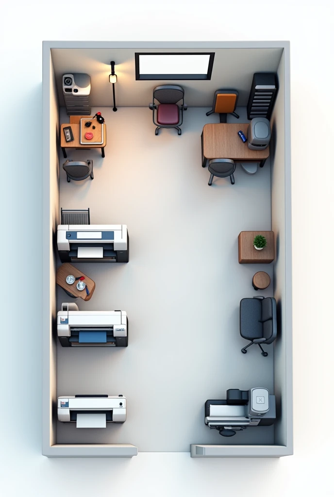 A 3D floor plan of a rectangular quick print shop measuring 3 meters by 6 meters