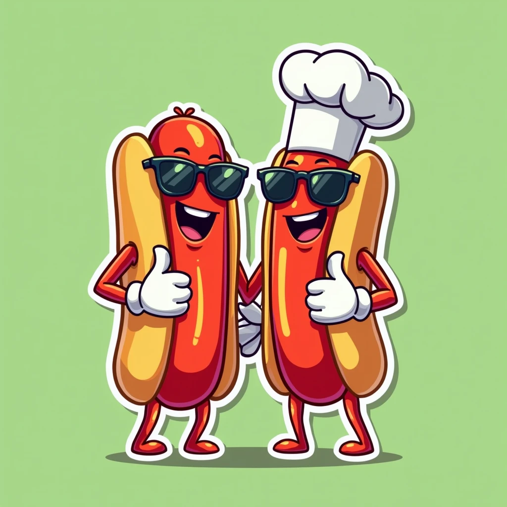 (best quality,4k,8k,highres,masterpiece:1.2),ultra-detailed,(realistic,photorealistic,photo-realistic:1.37),2 hotdogs characters,vector flat illustration,cartoon style,sunglasses,chef white hat,white gloves hands,sticker,green background,different character sizes,dynamic,vibrant colors,clean design,minimalist,playful,whimsical,fun,energetic,humorous,appealing,attractive,iconic,brand mascot,brand identity,brand : flat sticker vector 2d : brand name "Los Perros Contentosos"