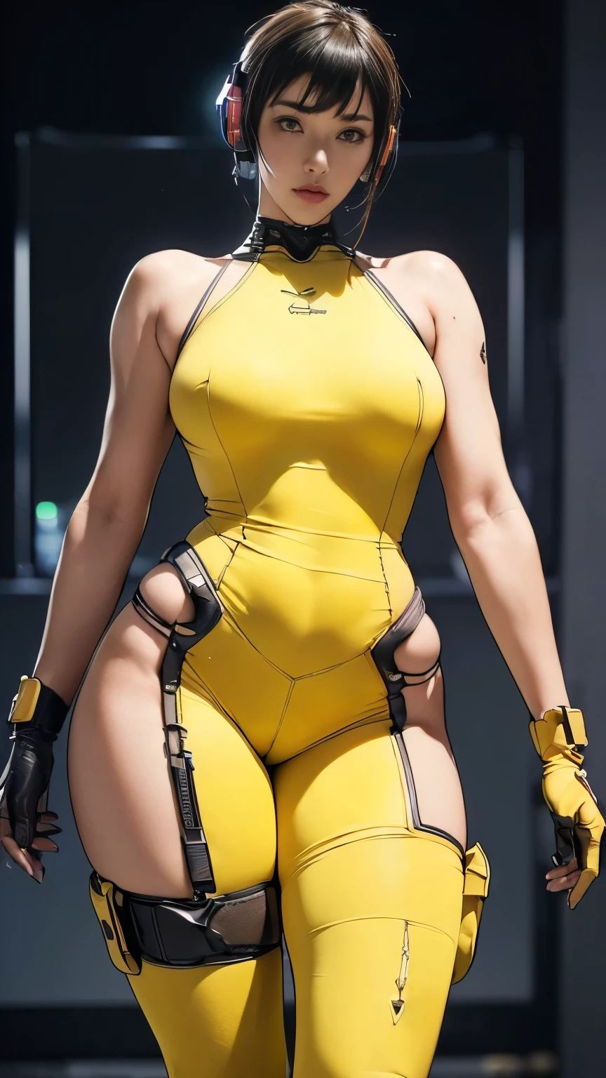 (A woman),(((A female special forces member stands))),((Yellow tactical High leg bodysuit:1.5)),((earphone:1.5)),((Tactical Holster:1.5)),(Gloves:1.5),(Serious:1.5),(Super short hair:1.5),(bionde:1.5),(beautiful eyes:1.3),(Very detailedな顔:1.5),((Very detailed drawing of a female hand:1.5)),((muscular:1.5)),(Sexy appearance:1.5),((Thick thighs:1.5)),(Beautiful Body:1.5),((Very sensual:1.5)),(The backdrop is a futuristic city:1.5),(Cyberpunk atmosphere:1.5),(((Blurred Background:1.5))),(Written border depth:1.5),rest(((masterpiece:1.5),(best quality:1.5),(Very detailed:1.5),(high resolution:1.5),(Practical:1.5),(Practical:1.5),(Delicate depiction),(Carefully drawn))),8k,wallpaper