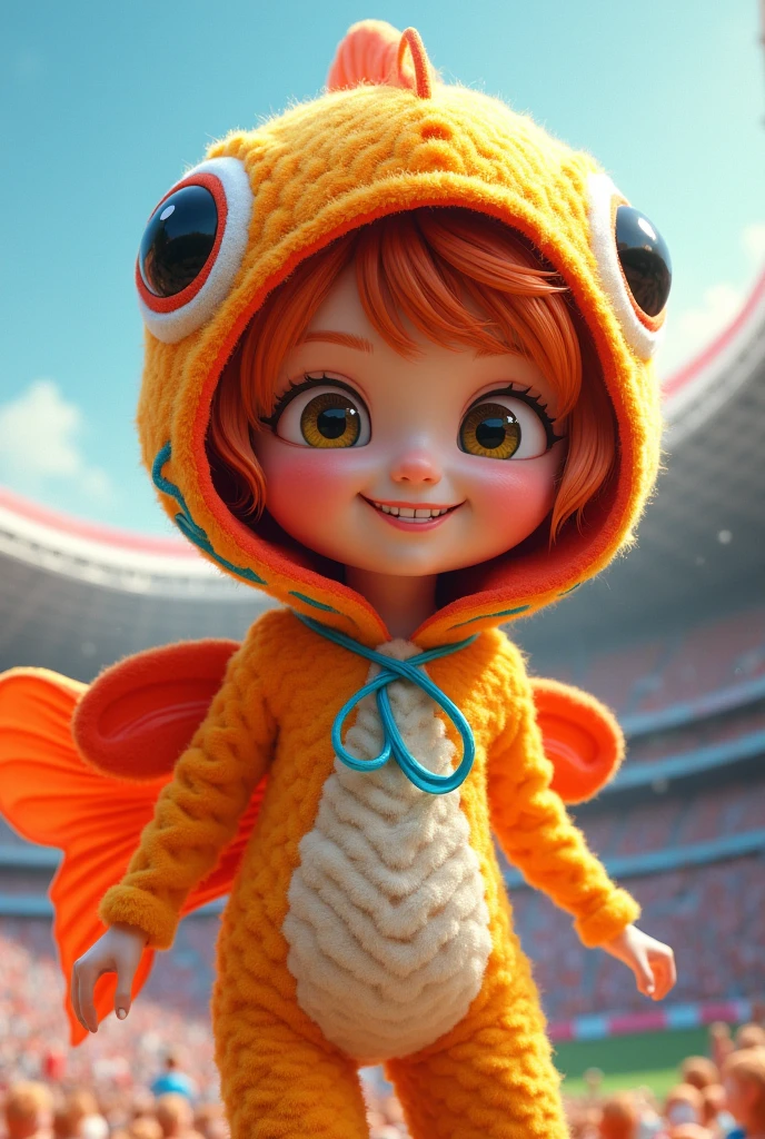 (masterpiece:1.4), (Highest quality:1.4), Very detailed, Complex, Super detailed, (Perfect Face), figure,Soft lighting, Scenic, One person, Happy, Bright auburn hair, colorful, Colorized, from_Under ,fish_Costumes , Stadium