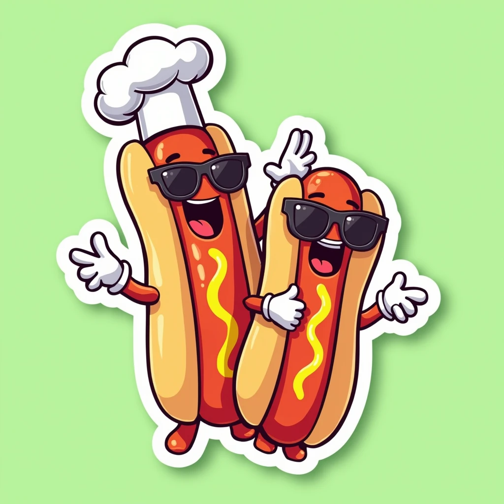 (best quality,4k,8k,highres,masterpiece:1.2),ultra-detailed,(realistic,photorealistic,photo-realistic:1.37),2 hotdogs characters,vector flat illustration,cartoon style,sunglasses,chef white hat,white gloves hands,sticker,green background,different character sizes,dynamic,vibrant colors,clean design,minimalist,playful,whimsical,fun,energetic,humorous,appealing,attractive,iconic,brand mascot,brand identity,brand : flat sticker vector 2d : brand name "Los Perros Contentosos"