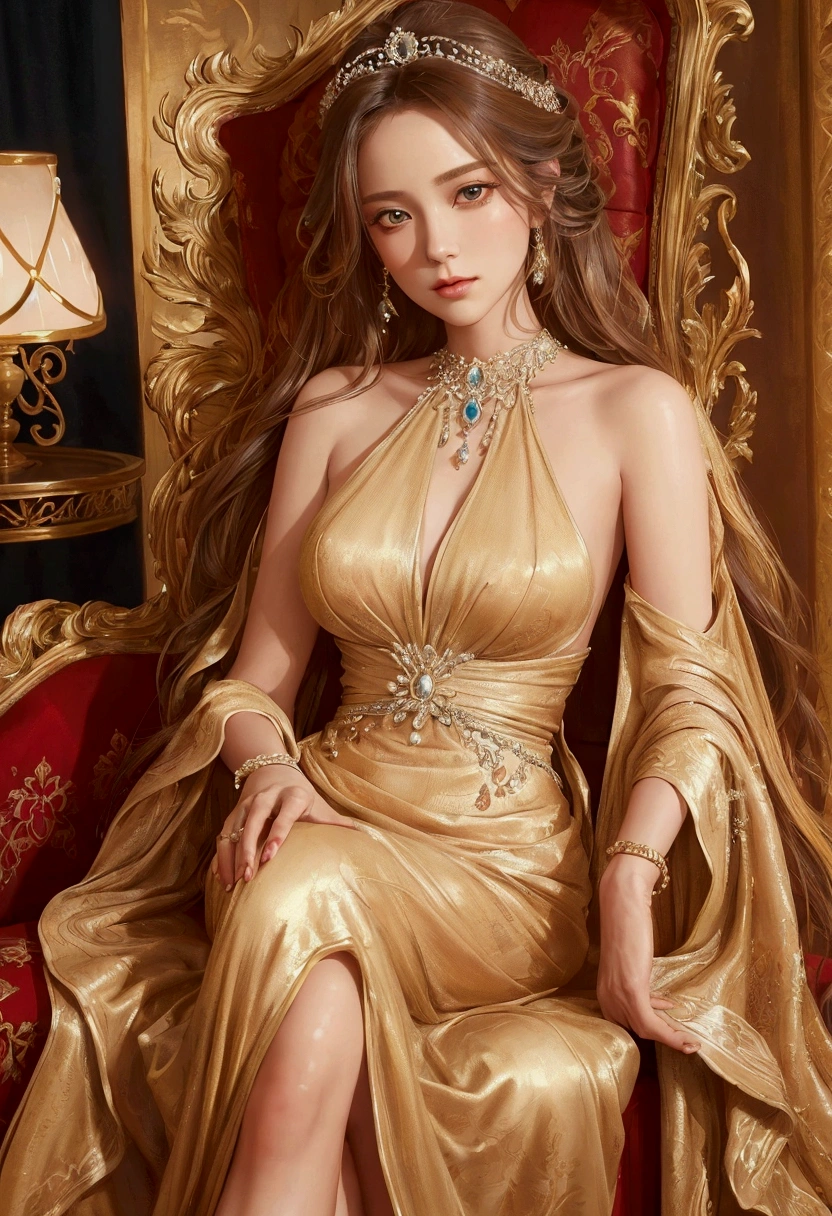 a beautiful woman in a living room, elegant evening gown, flowing hair, sitting gracefully on a couch, soft lighting, warm color palette, cinematic composition, photorealistic, 8k, high quality, intricate details, dramatic lighting, oil painting style, vibrant colors, dramatic pose, mesmerizing expression, serene atmosphere, elegant and sophisticated