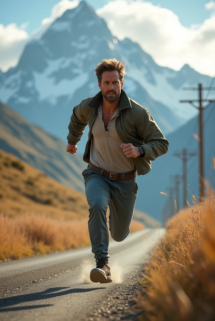 A man running at full speed along a rural road, with mountains in the background. His expression is urgent., while dodging obstacles along the way.