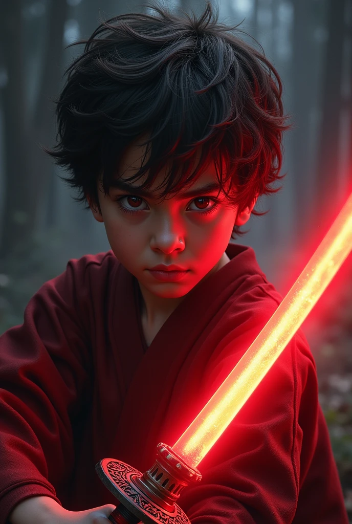 A dark-skinned boy with a red katana, brown hair and deep red eyes 

