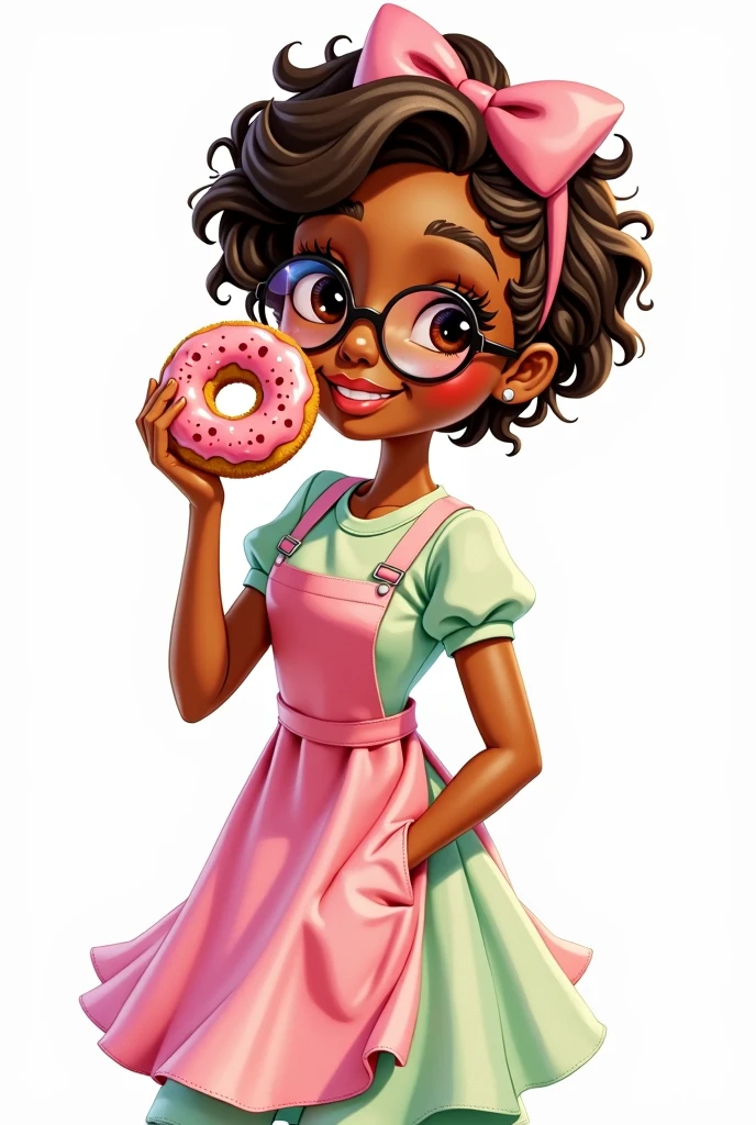 A beautiful confectioner girl, dark skin, wearing glasses, short curly hair, brown eyes, pink and light green confectionery outfit, holds a donut towards her eyes, she makes wonderful beautiful donuts, watercolor colors, Disney style images, white background