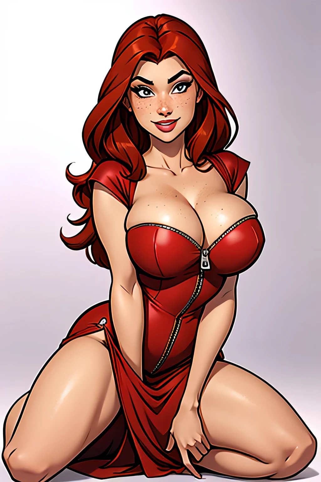 Thin woman, age 25, 4K (High definition), mysterious smile, seducing gaze, eyes browns, wearing red dress (with side zipper) with princess neckline and short sleeves, arms positioned at the side of the body, Caucasian skin, straight red hair to shoulder length, bare-kneeled, full of curves with freckles across her chest and neck, round breasts. Marvel style high quality, white background.