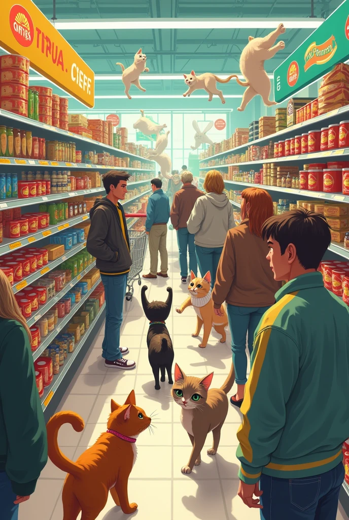 Lots of cats in the supermarket and people curious about the same cats