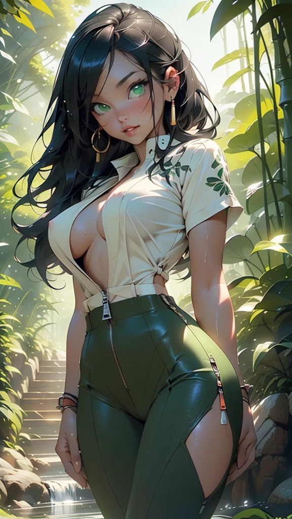 1female，，teens girl，smallunderboob，Pornographic exposure， 独奏，（Background with：hilltop，the rainforest，in summer，Standing water on the ground，exteriors） Feel free to hairstyle，Stride，Sweat profusely，drenched all over the body，seen from the front，Long black hair ， mostly cloudy sky，（（（tmasterpiece），（Very detailed CG unity 8K wallpaper），best qualtiy，cinmatic lighting，detailed back ground，beatiful detailed eyes，Bright pupils，（Very fine and beautiful），（Beautiful and detailed eye description），ultra - detailed，tmasterpiece，）），face to the viewer，frontage，A high resolution，ultra - detailed）nakeness，Wipe off panties，revealing breasts，Bare genitalia， Bulge，Camel toes，Raised sexy，Lewd expression，Flushed complexion，Open-mouthed，frontage，military hat，（Wearing：green colored bomber jacket，Black pantyhose）