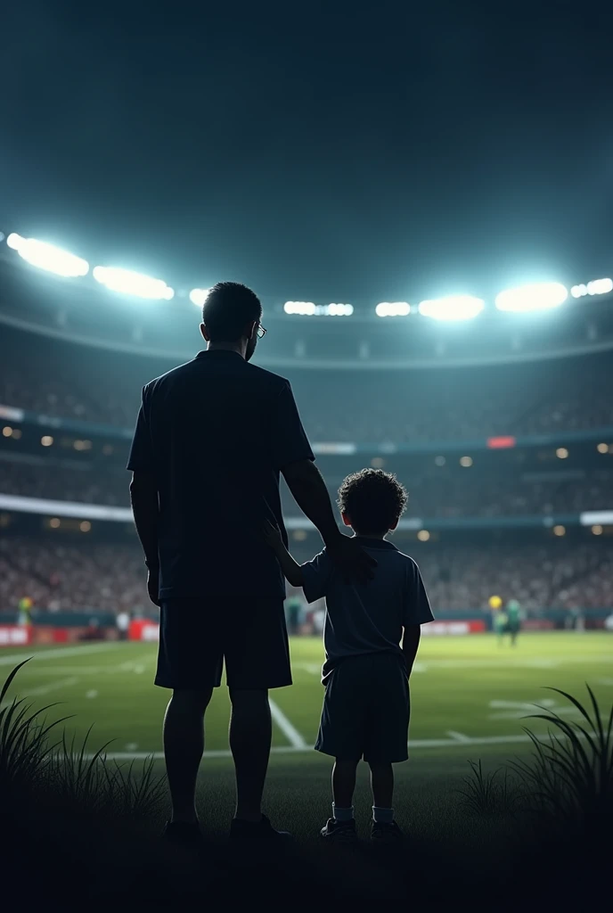 A father and son look into the distance at an American football stadium as a game takes place at night.