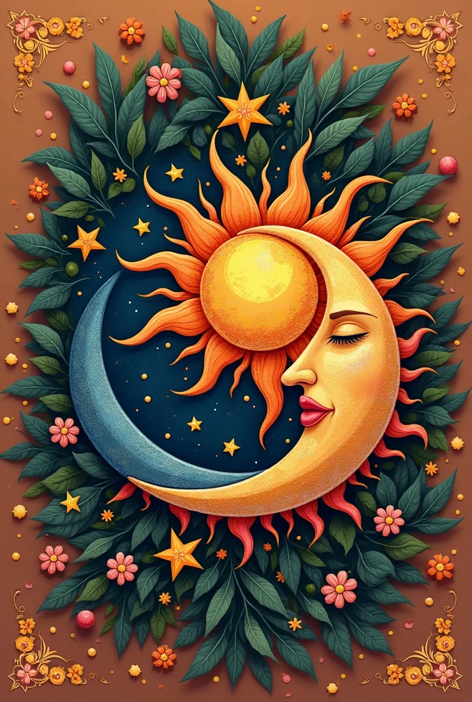 Logo brand for a crochet shop, use elements of nature and terracotta tones, olive green and royal blue in the middle of the image it should say " Sun and Moon" with stars and flowers around