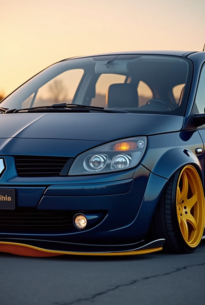 Tuning of Renault Scenic II model 2007 in twilight blue with burnt yellow details on the doors, rims, fenders and mirrors