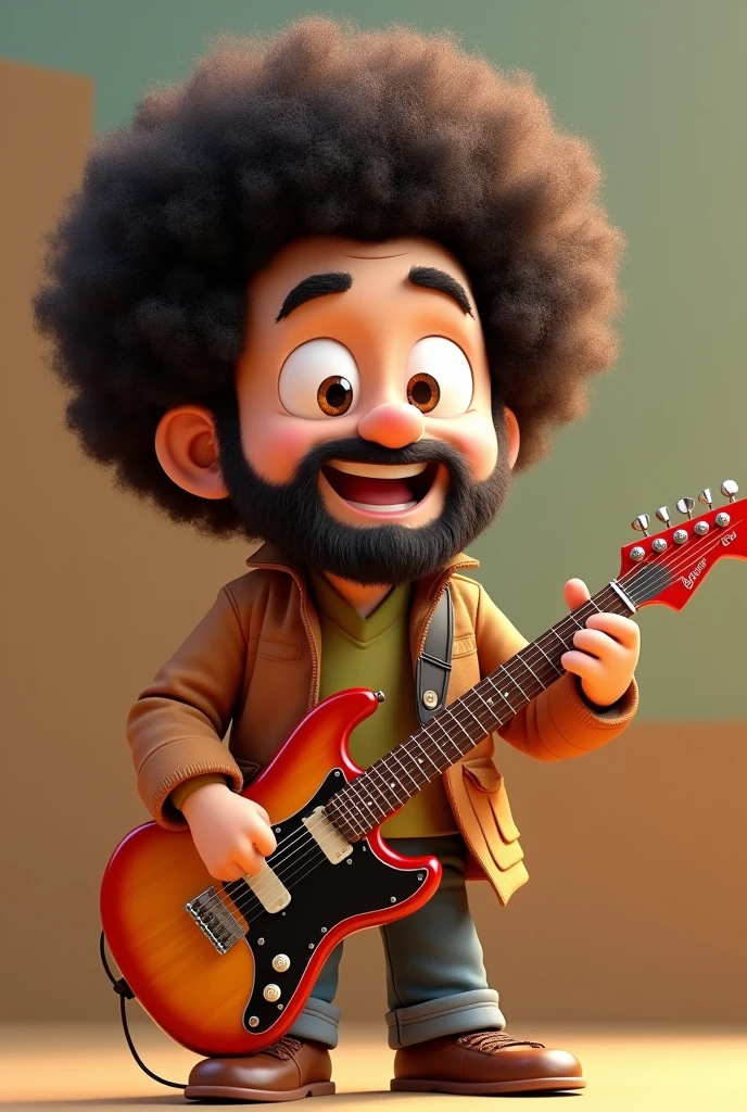 Cartoon character of a happy, beardless 50 year old Japanese man with afro hair and an electric guitar, Anime characters, Stylized characters, Animation-style rendering, 3D stylized, Arnold Maya Rendering, 3D rendering style, toon render keyshot, 3D Characters, 3D Characters, 3D rendering style, 3D Charactersレンダリング, Cartoon characters, Close-up Character, Character pose, (Pixar Style) (Master Parts:1.2) (Bokeh) (Highest quality) (Fine skin) (Fine texture) (8k) (clay) (Cinema Lighting) (Sharp focus）