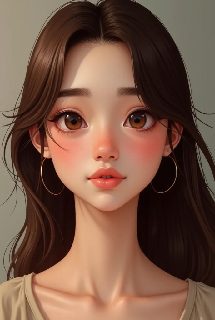 Light brown girl with small spots on her face (acne marks not so noticeable) cerquillo (type of curtains, to the sides) chocolate colored hair and a little dark straight, not so skinny, natural arched eyebrows, hair to a little below the shoulders