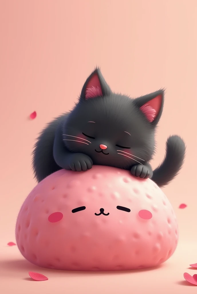 a cat on top of a pink mochi , The cat that is black is more adorable and that is hugging him, that the mochi has a face and looks traditional