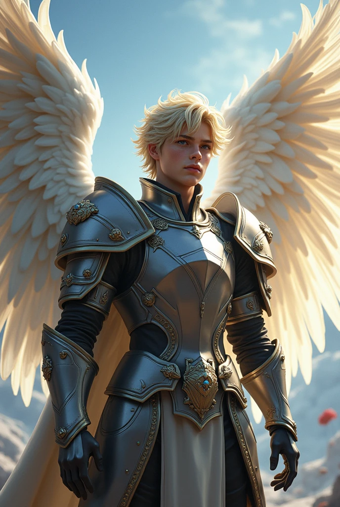 masterpiece, best quality, realistic, ultra detailed, sfw, dungeons and dragons, character design, a young male aasimar, white angel wings, monster hunter style paladin armor, dramatic heroic pose,