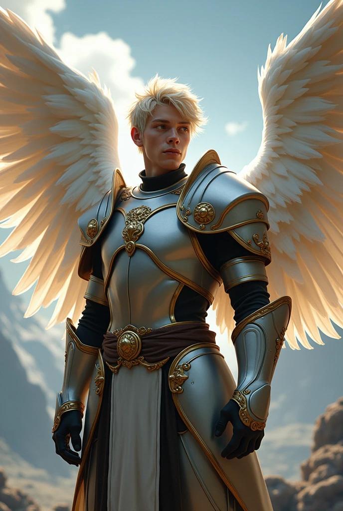 masterpiece, best quality, realistic, ultra detailed, sfw, dungeons and dragons, character design, a young male aasimar, white angel wings, monster hunter style paladin armor, dramatic heroic pose,